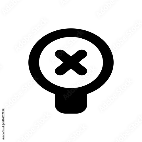 Black and white graphic of a lightbulb shape with a circle and an x inside, simple and minimalistic design