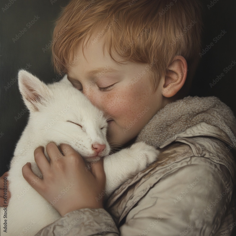 Young redhead child lovingly embraces pure white cat indoors while both rest with closed eyes, sharing quiet moment of affection. Young redhead child lovingly embraces pure white cat indoors while both rest with closed eyes, sharing quiet moment of affection.