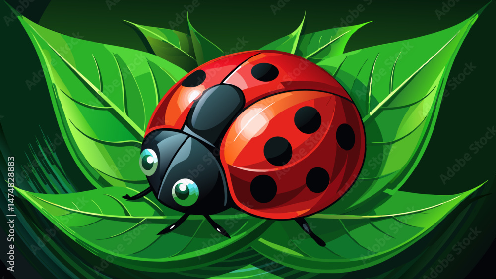 A close-up photo of a red and black ladybug on a green leaf with a dark background A close-up photo of a red and black ladybug on a green leaf with a dark background