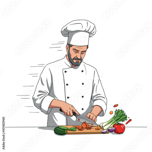 chef cutting vegetables vector illustration