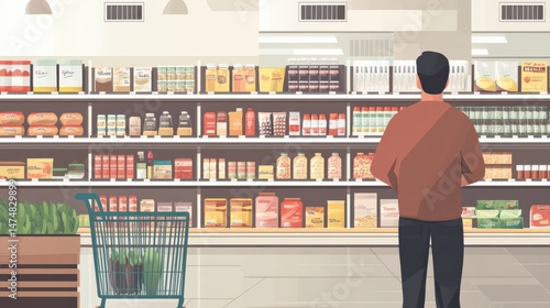 A person shopping in a supermarket, browsing shelves filled with various products and groceries