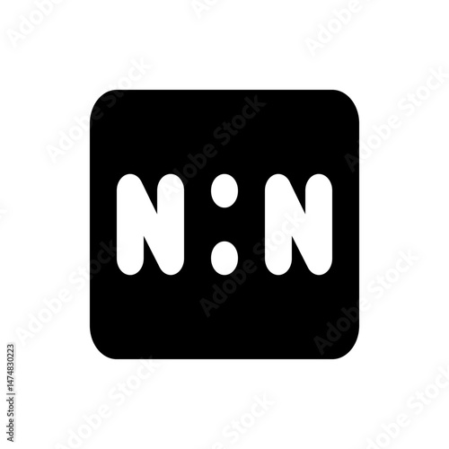 Illustration of two white letter n characters separated by a colon inside a black rounded rectangle