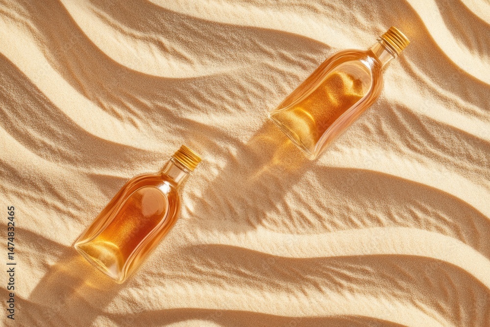 Fototapeta premium Small bottles of amber liquid on tan sand