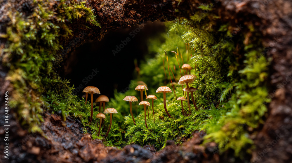 Fototapeta premium Mushroom forest landscape photography, mossy wonderland, fungi kingdom, nature photography, woodland scene