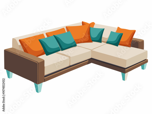 A flat vector illustration of an L-shaped sectional sofa with two-tone cushions. White background, modern living space concept