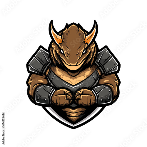 Bold vector esports logo featuring a fierce armored dinosaur mascot design, representing strength and strategy in competitive gaming