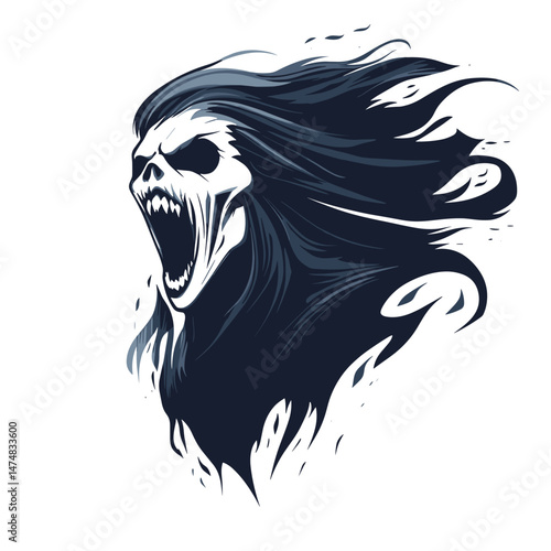 Bold vector esports logo featuring a fierce, howling skull face with flowing hair and dynamic energy elements