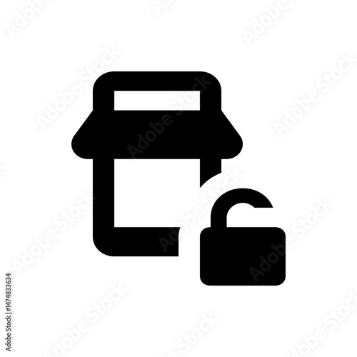 Icon depicting a building or shop with an unlocked padlock signifying security or accessibility access granted