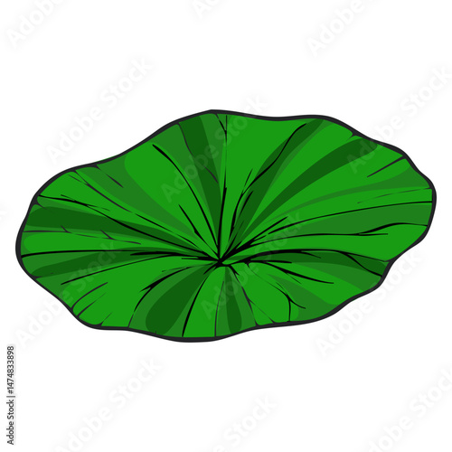 This vector illustration features a vibrant green lotus leaf, depicted from an overhead perspective, showcasing detailed veining and a slightly textured surface, ideal for adding a touch of nature...