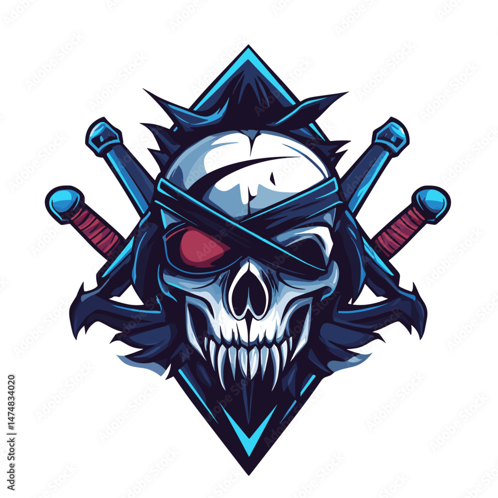 Fototapeta premium Creative vector esports logo featuring a skull with eye patch and crossed swords, perfect for gaming teams and events