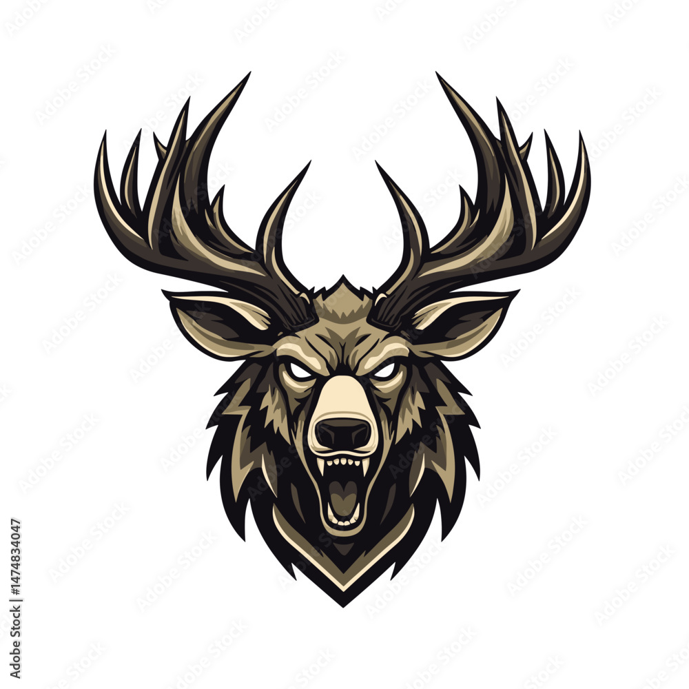Fototapeta premium Vector esports logo featuring a fierce stag with massive antlers and an aggressive expression, ideal for competitive gaming teams