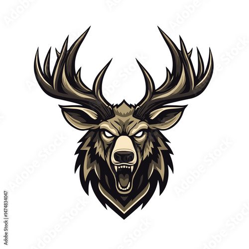 Vector esports logo featuring a fierce stag with massive antlers and an aggressive expression, ideal for competitive gaming teams