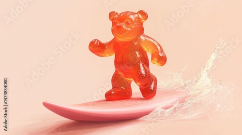 illustration gummy bear on a pink surfboard