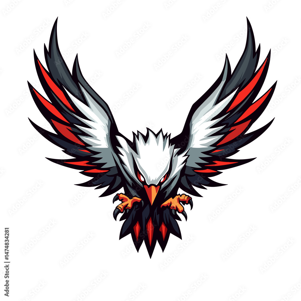 Fototapeta premium Vector esports logo featuring a fierce eagle with bold wings and striking colors for a competitive gaming brand