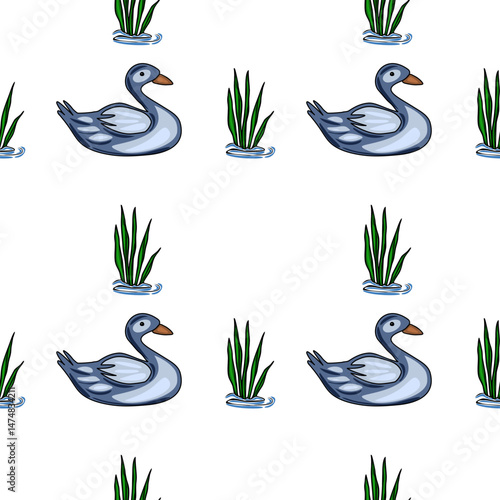Seamless vector pattern featuring stylized grey ducks swimming amidst vibrant green reeds on a pristine white background, creating a tranquil and charming aquatic scene.