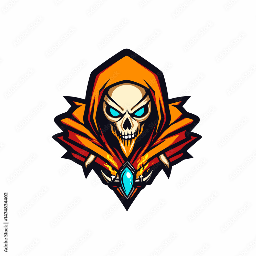 Dynamic esports logo featuring a skull in an orange hooded cloak with radiant blue energy, embodying a fierce competitive spirit for gaming teams Dynamic esports logo featuring a skull in an orange hooded cloak with radiant blue energy, embodying a fierce competitive spirit for gaming teams