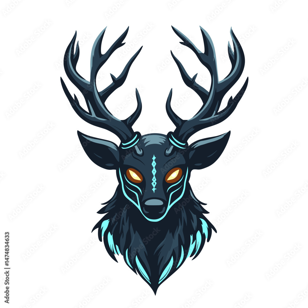 Fototapeta premium Vector esports logo featuring a stylized deer head with glowing eyes and intricate antlers design