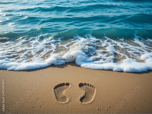Sum blue waves and a pair of footprints in the sand 