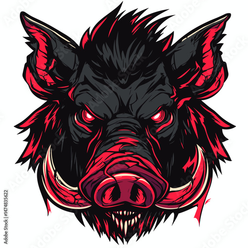 Powerful vector esports logo featuring a fierce wild boar design with sharp tusks and intense red accents for a bold identity