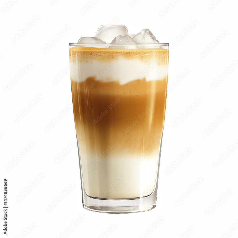 Iced layered latte in a clear glass with milk, espresso, and foam, topped with ice cubes, refreshing coffee beverage isolated on transparent background. Iced layered latte in a clear glass with milk, espresso, and foam, topped with ice cubes, refreshing coffee beverage isolated on transparent background.