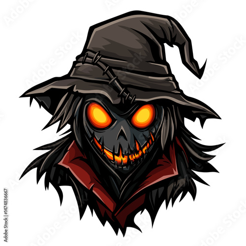 Creative vector esports logo featuring a menacing skull with glowing eyes and a witch's hat, ideal for gaming teams and events