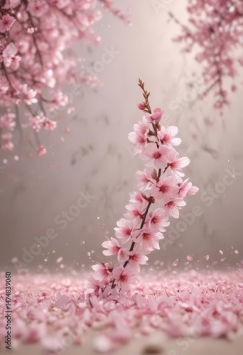 Delicate pink sakura petals drift on a soft-focus background, showcasing a serene spring scene ,  image,  ethereal,  calm