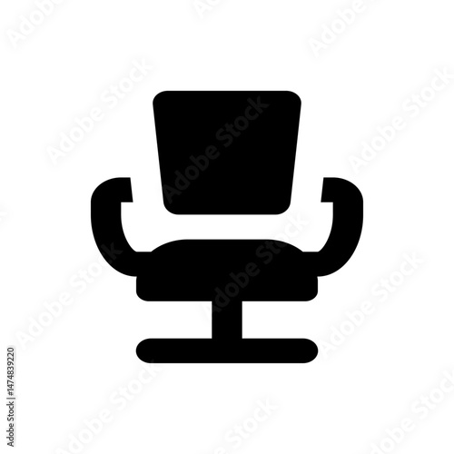Illustration of a black office chair with armrests and a square backrest on a white background view