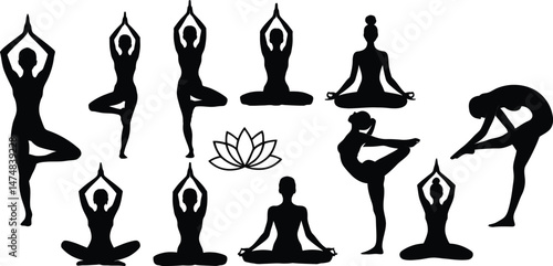 Silhouettes of people in various yoga positions