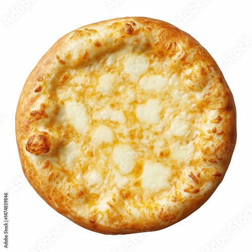 Thick crust cheese pizza with golden melted cheese topping, fluffy edge and soft texture, isolated on transparent background.