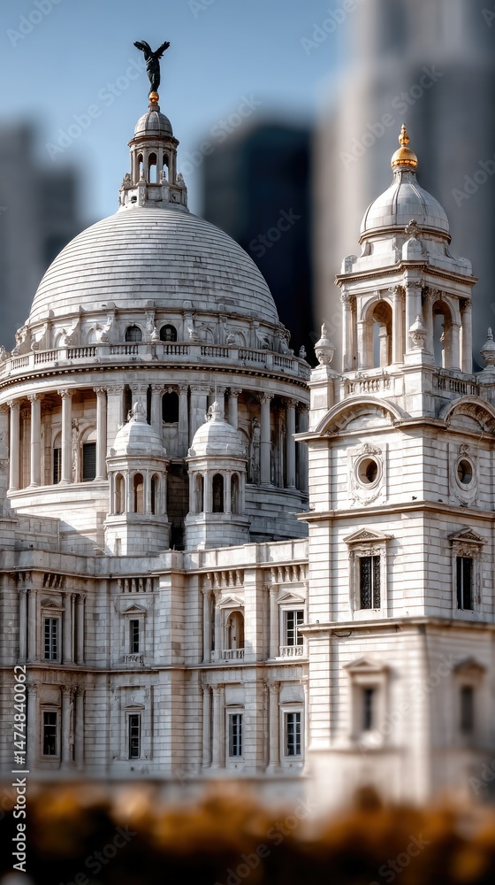 Obraz premium Two intricately decorated domes of historical Indian architecture rise above an urban landscape shrouded in fog, illuminated by soft light at dawn