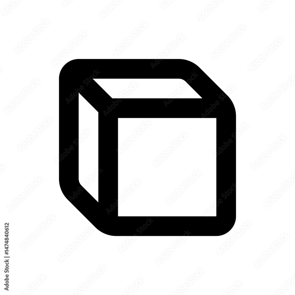 Illustration of a simple rounded cube shape with black outline and white fill on a plain background view Illustration of a simple rounded cube shape with black outline and white fill on a plain background view