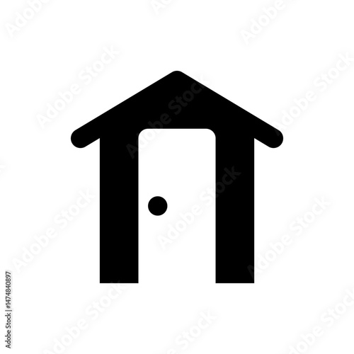 Illustration of a simple black house icon with a triangular roof and a door with a round doorknob design