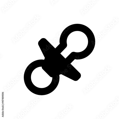 Black silhouette of a baby pacifier with a circular handle and a bulb shaped nipple design shown