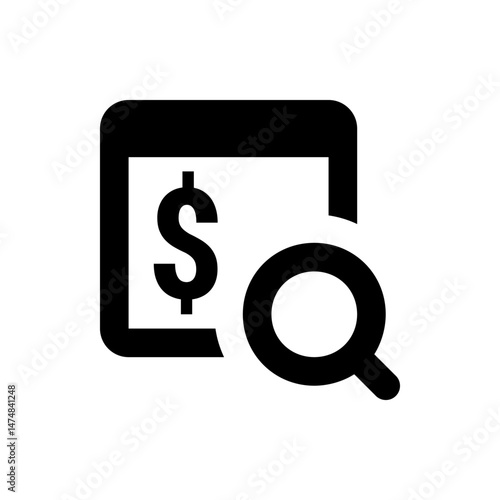 Illustration of a dollar sign inside a document with a magnifying glass on the right side of it icon