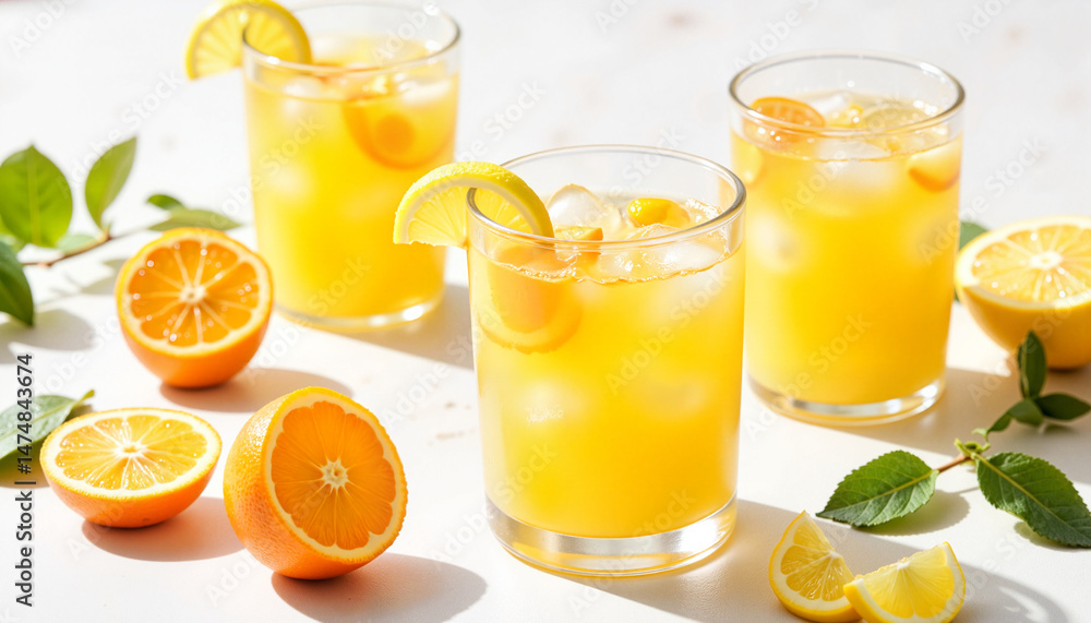 Fototapeta premium Refreshing orange drinks served with garnishes against a light background