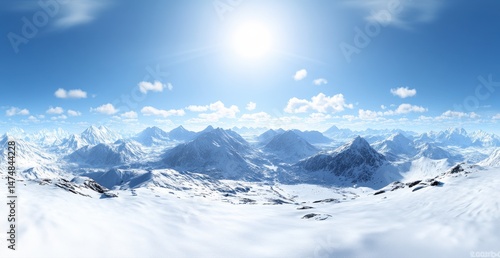 Wallpaper Mural Panoramic view of a snow-capped mountain range under a vibrant blue sky.  Vast expanse of pristine white snow stretches across valleys and peaks.  Bright sun illuminates the landscape Torontodigital.ca