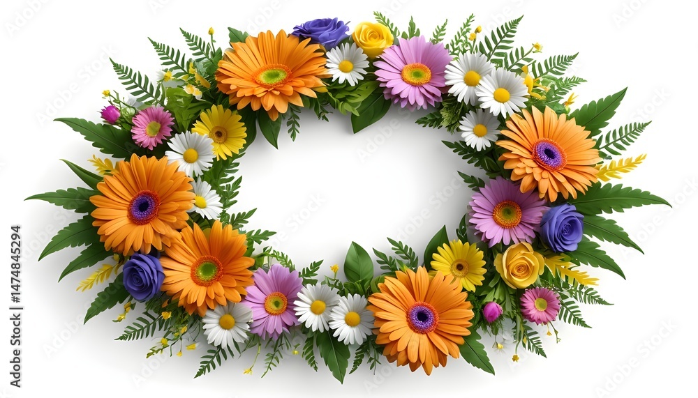 Fototapeta premium Elegant digital illustration of a floral border frame in teal green, adorned with 3D rendered blossoms, small hearts, and a butterfly perched on the top corner, high-definition 8K with clear backgroun