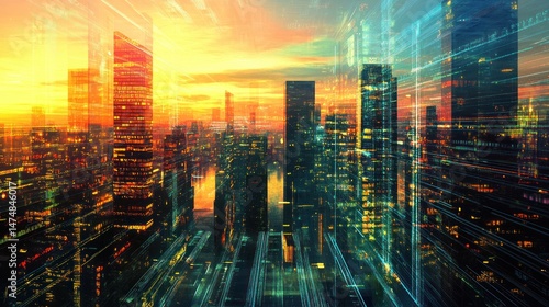 Wallpaper Mural Cyberpunk Metropolis, A Futuristic Cityscape with Digital Overlay Torontodigital.ca