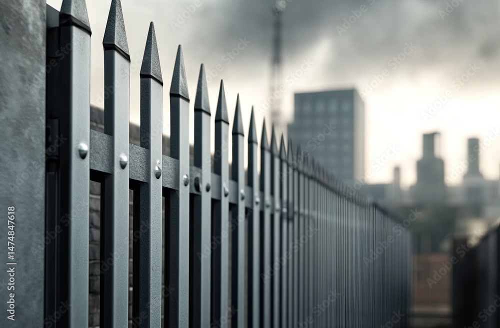 Fototapeta premium Gray metal fence, sharp points, urban backdrop