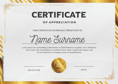 Certificate template with modern elegant golden 
frame border vector design, diploma
certificate of achievement, appreciation template