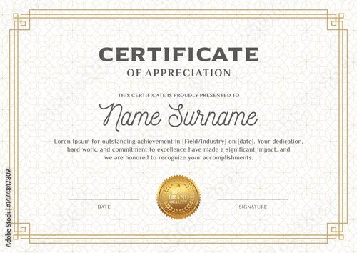 Modern certificate diploma template design 
vector with golden elegant decorative frame border 
background, simple stylish certificate of 
achievement, appreciation template