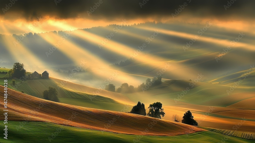 Obraz premium Sunbeams dance across verdant hillsides, A breathtaking pastoral scene