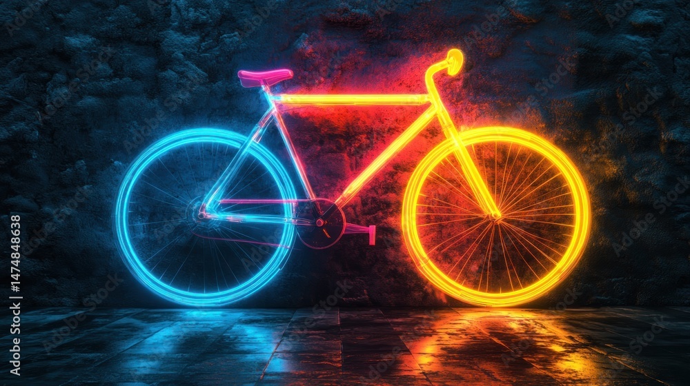 Fototapeta premium Neon bicycle art installation against a textured urban wall backdrop