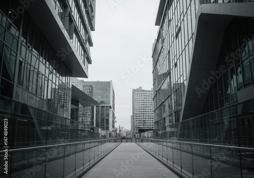 Modern Cityscape Architecture Glass Buildings Urban Pathway Design Grey Steel Lines Office Skyline