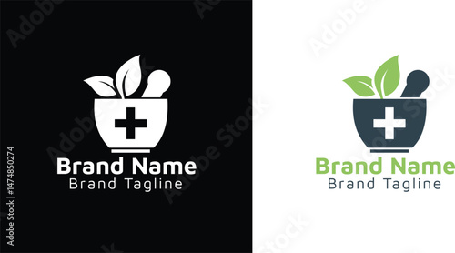Medical logo design: A well-crafted emblem with a cross symbolizes health and healing, accompanied by botanical elements and a mortar and pestle, creating a sense of care and efficacy. 