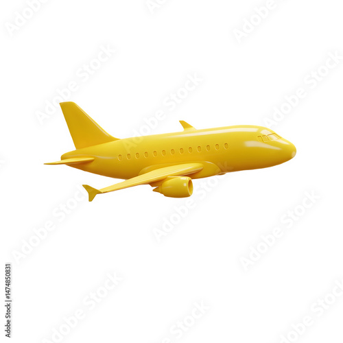 Bright yellow airplane in flight. Ready for takeoff! 3d rendering isolated on white background. Cartoon plastic style