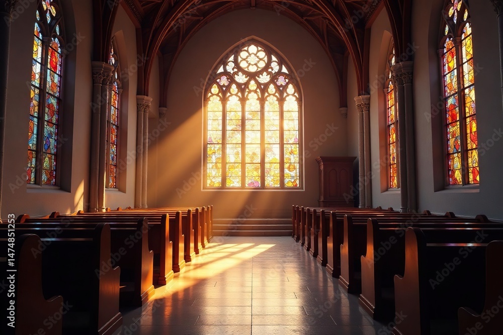 Fototapeta premium Serene church interior, stained glass shining Tranquil worship space , church architecture, religious