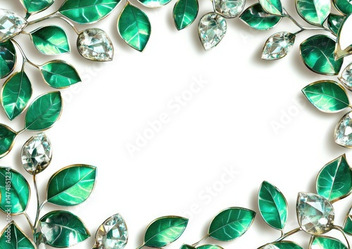 Emerald green leaves and sparkling diamonds frame a white background.  Detailed,  3D rendered,  leafy border with gems