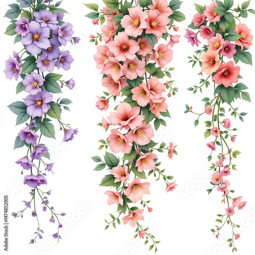 Floral arrangements, vertical, pink, purple, flowers, vines