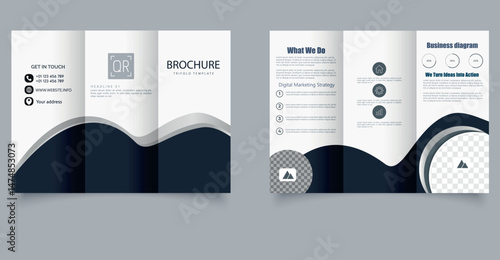 Creative trifold brochure layout featuring dynamic abstract wave elements with monochromatic accents. Ideal for marketing, corporate branding. . Editable image.